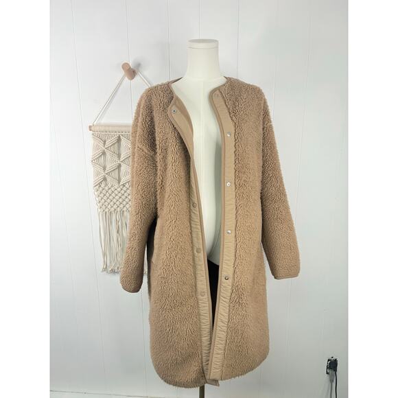 Uniqlo Tan Teddy Coat Womens Small Longline Fleece Sherpa Jacket No Collar - Picture 7 of 13